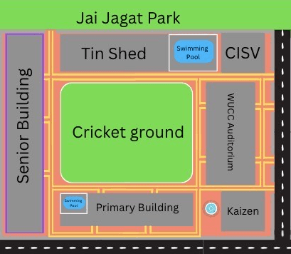 Campus Map showing buildings, cricket ground, swimming pools, and facilities